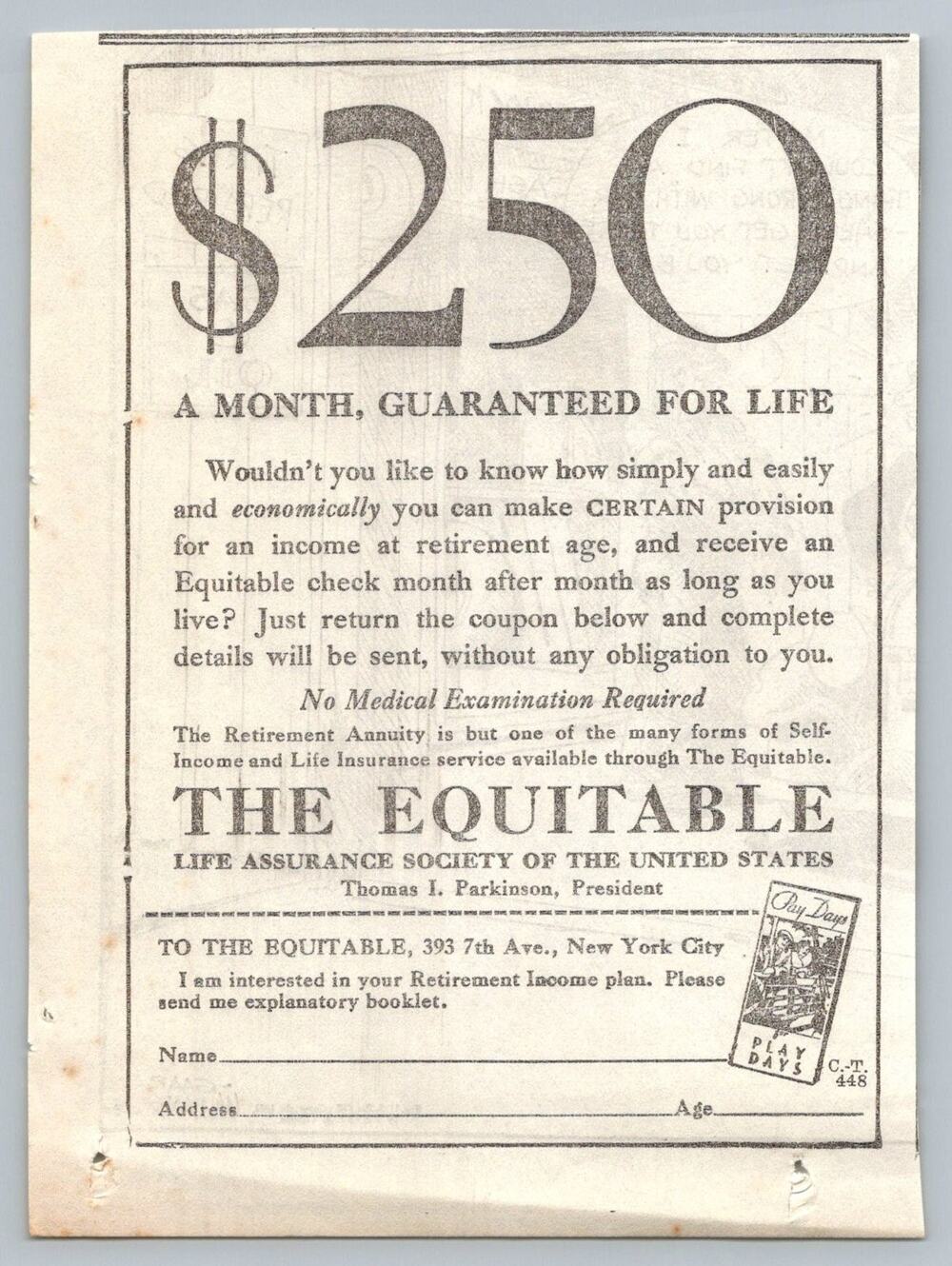 1930s Equitable Life Assurance Retirement Annuity Print Ad New York City